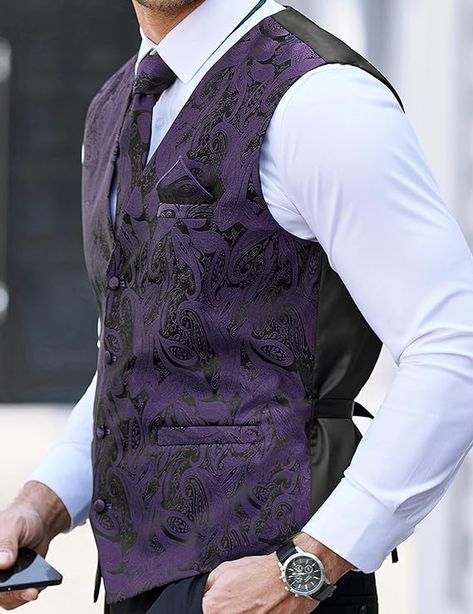 COOFANDY Purple Vest for Men Paisley Jacquard Vest Tie with Pocket Formal Tuxedo Vest Suit Set for Wedding Party, Purple, M at Amazon Men’s Clothing store Black And Purple Wedding Suit Men, Men’s Purple Suit, Men Purple Aesthetic, Black Suit With Purple Accents, Purple Waistcoat Men, Purple Vest Outfit Men, Dark Purple Prom Suit, Prom Outfits Purple, Groom Attire Purple