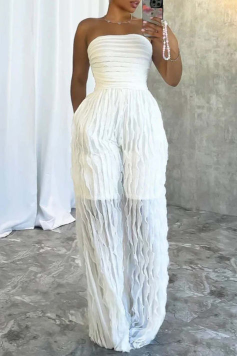 Casual Solid Color Backless Strapless Bodycon Jumpsuits Women All White Outfit, White Outfits Black Women, White Attire, Bodycon Jumpsuit, Casual Day Dresses, Wedding Dresses Strapless, Strapless Jumpsuit, Painted Denim, White Jumpsuit