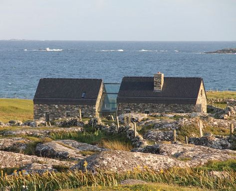 In touch modern stone cottage Ireland Glass Walkway, Ireland Cottage, Countryside Cottage, Stone Cottages, Glass Extension, Glass Staircase, Irish Cottage, Into The West, Cottage Renovation