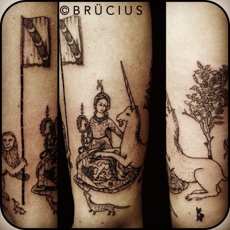 #BRÜCIUS #TATTOO #SF #SanFrancisco #brucius #engraving #etching #dotwork #linework #blackwork #tapestry #Lady #Unicorn #creatures The Unicorn In Captivity Tattoo, Unicorn Tapestry Tattoo, Unicorn In Captivity Tattoo, Medieval Unicorn Tattoo, Tapestry Tattoo, Medieval Tattoos, Sf Tattoo, Anatomical Illustration, San Francisco Tattoo