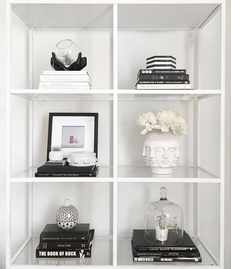 How to style a bookshelf with Black + white | Meg Quinn | west elm Framing Ideas, White Bookshelves, Cool Bookshelves, Living Tv, Trendy Apartment, Bookshelf Styling, Table Styling, Decorating Shelves, Black And White Decor