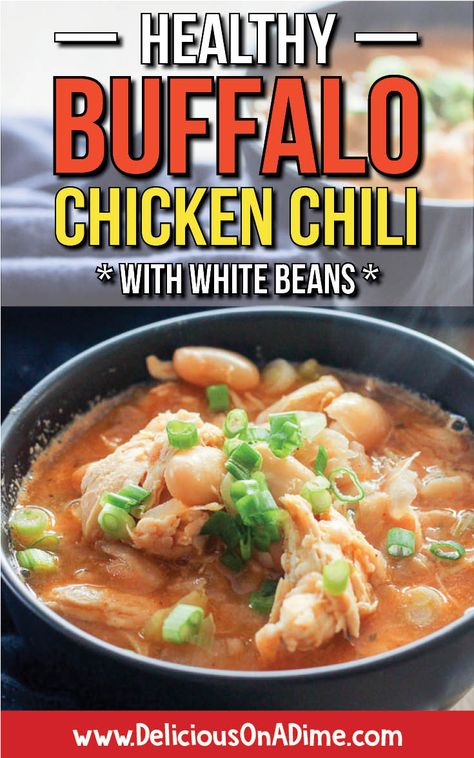 This Healthy Buffalo Chicken Chili (with creamy white beans!) is easy and healthy - and a fun twist on traditional chili. It's comfort food that's quick enough for a weeknight dinner, and it's freezer-friendly too! #chili #comfortfood #freezermeals #buffalochicken Chili With White Beans, Buffalo Chicken Chili Recipe, Budget Bites, Creamy White Beans, Mom Meals, Buffalo Chicken Chili, Recipe Keeper, Weekend Recipes, Chili Cookoff