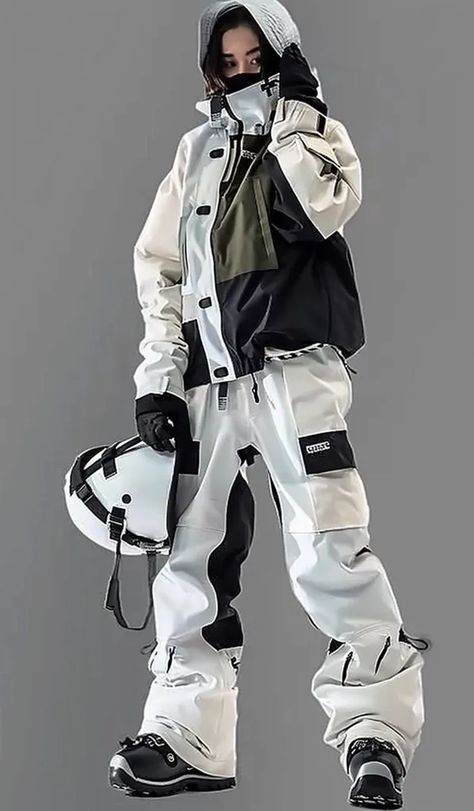 The image shows a person wearing a white and black ski suit. The suit has a jacket and pants. The jacket has a hood and a zipper up the front. The pants have a high waist and a zipper at the bottom of each leg. The person is also wearing a helmet and ski boots. The helmet is white and black, and the ski boots are black. The person is standing on a gray background. Black Ski Outfit, Ski Outfit Men, Couple Projects, Cloth Reference, Ski Outfits, Snowboarding Outfit, Ski Suit, Winter Sport, Ski Suits