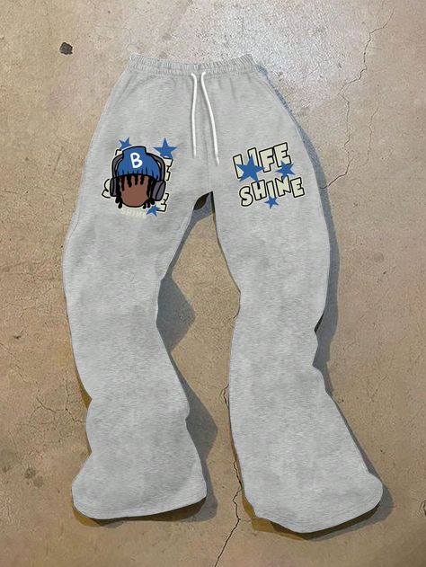 Men's Casual Drawstring Letter Printed Sweatpants Grey    Knitted Fabric Cartoon,Colorblock,Graphic,Letter Flare Leg Medium Stretch  Men Clothing, size features are:Bust: ,Length: ,Sleeve Length: Designer Pants For Men, Sweet Pants Outfits, Men Sweatpants, Sweatpants Grey, Graphic Sweatpants, Printed Sweatpants, Fire Fits, Hooded Sweatshirt Men, Casual Athletic