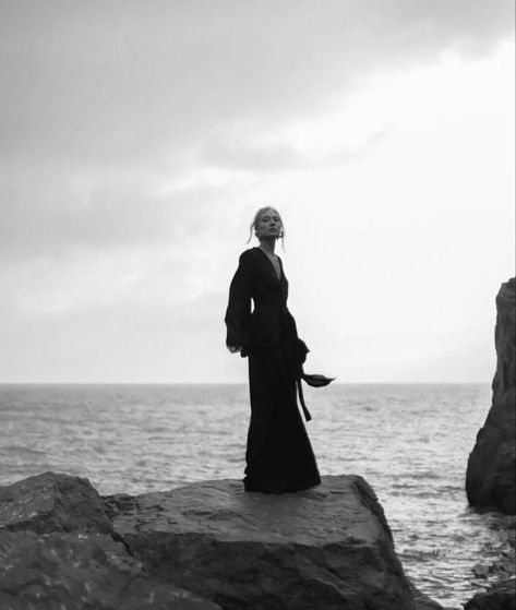 Water Editorial Photography, Black Dress Beach Photoshoot, Dreamy Beach Photoshoot, Sea Photoshoot Ideas, Ocean Editorial, Moody Beach Photoshoot, Seaside Photoshoot, Beach Fashion Shoot, Beach Fashion Editorial