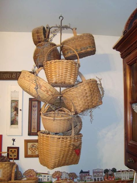 Basket Hanging From Ceiling, Hanging Baskets From Ceiling, Display Baskets Ideas, What To Put In Baskets For Decor, Basket Display Ideas, Trinkets Display, French Country Baskets, Staging Inspiration, Hanging Baskets Kitchen