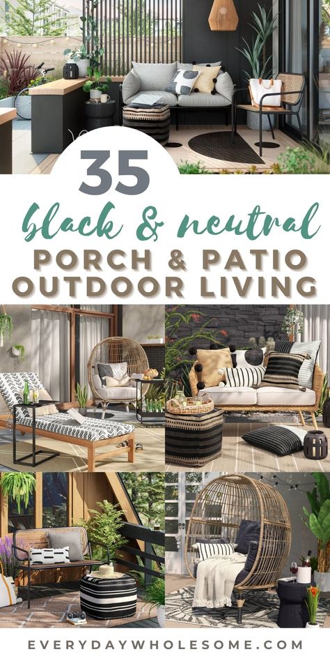 Ideas for your outdoor decorating ideas, patio and front porch decor for this summer using black and neutral colors. Neutral colors like greige, beige, grey and black that can be accented with a pop of color. Use these ideas on your DIY outdoor decor, patio decorating ideas and design. Outdoor planters, furniture, throw cushions, decorative pillows, outdoor lighting, and seating like outdoor dining tables, chaise lounges, chairs, umbrellas and conversation sets. Backyard Cozy, Patio Color Schemes, Outdoor Upgrades, Front Porch Seating, Black Patio Furniture, Charming Backyard, Chic Backyard, Gray Patio Furniture, Black Outdoor Furniture