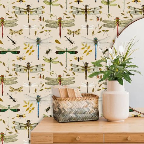 Dragonfly Wallpaper, Repositionable Wallpaper, Wallpaper Neutral, Neutral Wall Decor, Stick Design, Cute Wall Decor, Beige Wallpaper, Neutral Walls, Botanical Wallpaper