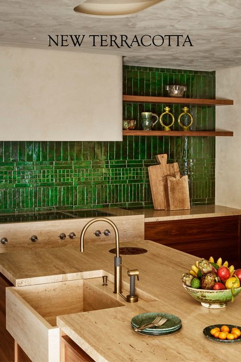 Green Tile Kitchen, Moroccan Style Kitchen, Handmade Tile Backsplash, Green Tile Backsplash, Green Backsplash, Backsplash Patterns, Terracotta And Green, Topps Tiles, Kitchen Tiles Design