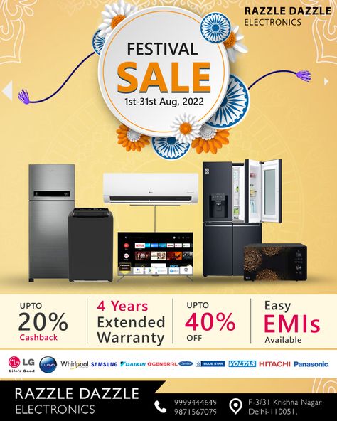 As festive week is near, We are introducing Rakshabandhan & Independence Sale✌🏻😊 . 📢📢Biggest Sale of the Season📢📢 From 1st August to 31st August🥳🥳 . Contact Us: +91 9999444649 . . #electronics #ac #airconditioner #lg #washingmachine #allinone #offer #bestoffers #summer #summertime #beattheheat #smartcooling #refrigerator #razzledazzleelectronics #waterpuricare #stylish #oledtv #festival #festivevibes #rakshabandhan #independenceday Festival Offer Poster, Independence Sale, Healthcare Ads, Electronics Sale, Marriage Invitation, Marriage Invitation Card, 1st August, Marriage Invitations, Oled Tv