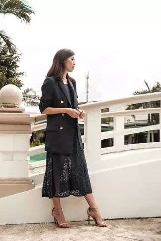 Midi Dress with Blazer Outfits In Their 20s (2 ideas & outfits) | Lookastic Midi Dress Blazer Outfit, Lace Dress With Blazer, Midi Dress With Blazer, Lace Blazer Outfit, Midi Dress Blazer, Dress With Blazer Outfit, Dress And Blazer Outfit, Dress With Blazer, Black Double Breasted Blazer