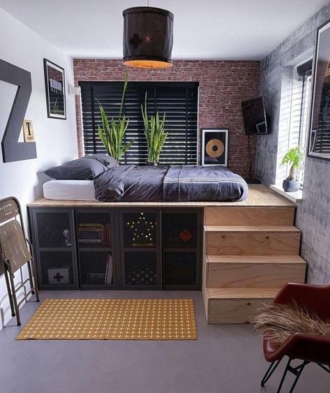 Million Ideas FB Bed In, Loft Style Bedroom, Diy Loft Bed, Bedroom Setup, Platform Bed With Storage, Small Room Design, Tiny Bedroom, Room Design Bedroom, Room Makeover Bedroom