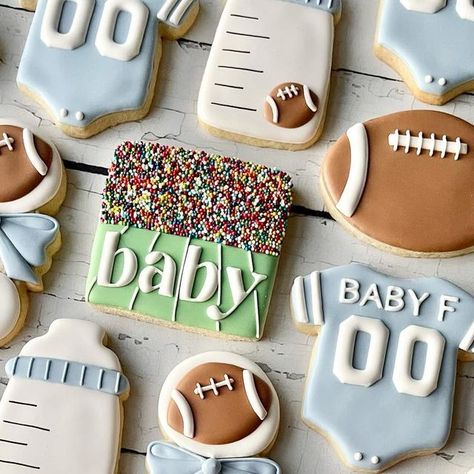 Football Baby Shower Cookies, Buffalo Bills Baby, Ohio State Baby, Lion Cookies, Sports Baby Shower Theme, Football Onesie, Onesie Cookies, Football Cookies, Football Baby Shower