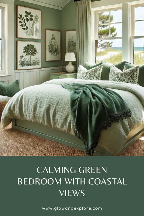 This cozy beach cottage bedroom embraces a soothing green palette, with plush bedding and botanical decor that perfectly complement the serene ocean views. 🌿 #ModernCoastalDecor #CozyBedroom #GreenLiving #BeachCottage Calming Green Bedroom, Blue And Green Bedroom Ideas, Beach Cottage Bedroom, Cottage Core Bedroom, Vintage Beach Decor, Cozy Beach Cottage, Green Bedroom Decor, Forest Beach, Plush Bedding