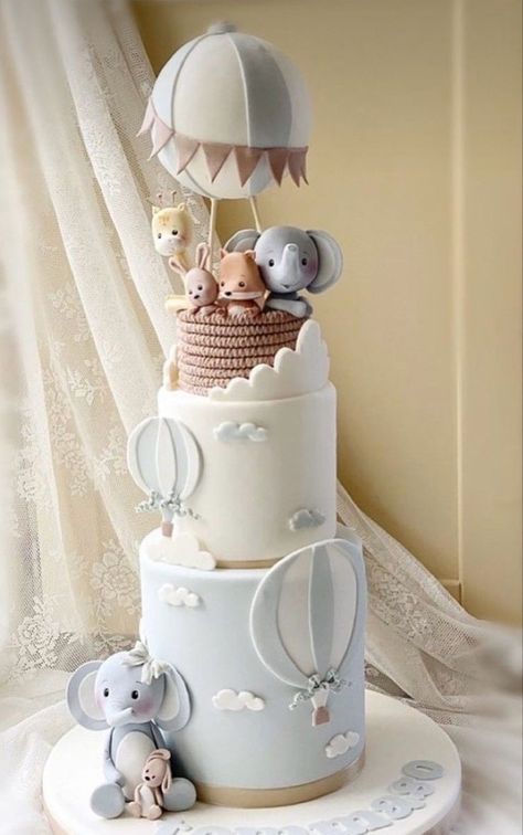 Hot Air Balloon Baby Shower Cake, Dreamy Cake, Elephant Birthday Cakes, Baby Shower Cakes Neutral, Elephant Baby Shower Cake, Hot Air Balloon Cake, Baby Shower Sweets, Baby First Birthday Cake, Idee Babyshower