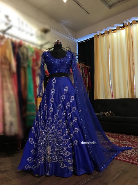 Royal blue Lehenga with peacock embroidery done with mirrorwork Peacock Theme Lehenga, Royal Blue Gown Indian, Royal Blue Lehenga Color Combinations, Peacock Blue Lehenga, Peacock Lehenga, Blue Indian Wedding, Beautiful Lengha, Lehenga Color Combinations, Royal Blue Lehenga