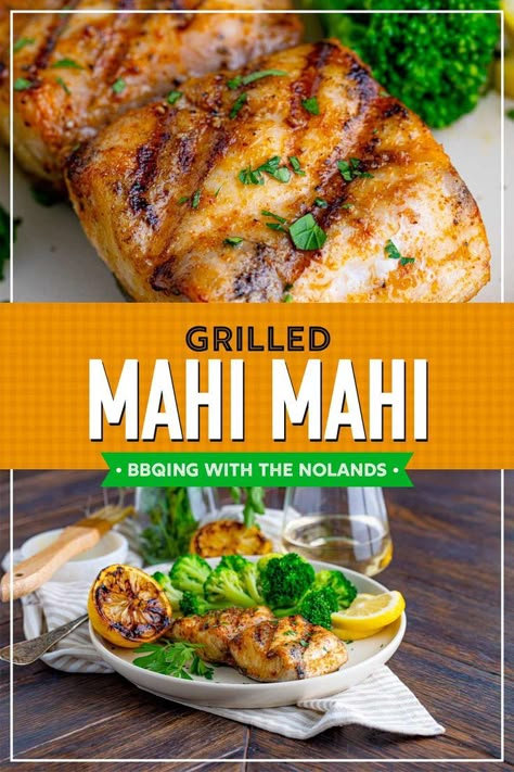 Grilled mahi mahi with grilled lemon halves Grilled Fish And Veggies, Mahi Mahi Recipes Blackstone, Smoked Mahi Mahi Recipes, Grilled Mahi Mahi Recipes, Maui Maui Fish Recipes, Mahi Recipes Baked, Mahi Mahi Recipes Baked, Seafood On The Grill, Sushi Wraps