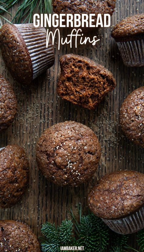 Several gingerbread muffins are on a wooden surface, and one near the middle is split in half. There are also small pieces of evergreen branches near them. Turbinado Sugar Recipes, Flat Bread Recipe Ideas, Bread Recipe Ideas, Desert Bread, Gingerbread Muffins Recipe, Spiced Muffins, Flat Bread Recipe, Christmas Muffins, Gingerbread Muffins