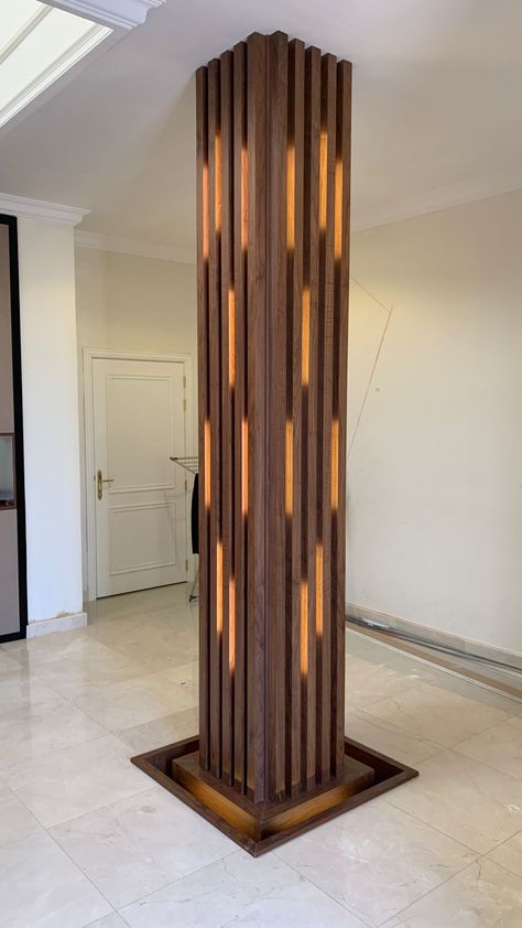 Unique Home Decor & Woodwork, wooden Wall Cladding with Strip Lights, Decor Work, Panel Cladding 0561163179 Structural Column Design, Column Design Modern, Interior Column Design, Feature Column, Column Design Interior, Columns Design, Wooden Wall Cladding, Column Cladding, Wooden Columns