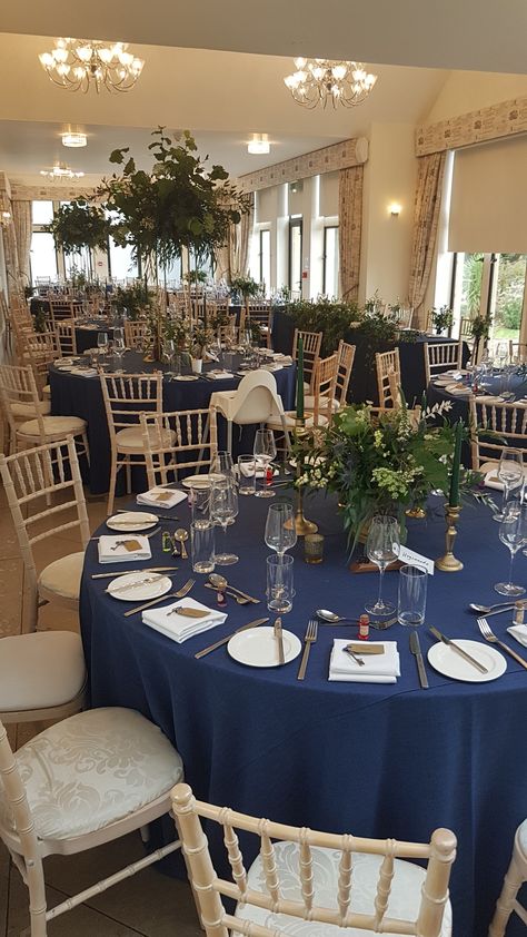 Navy Tablecloth Wedding, Navy Tablecloth, Coombe Lodge, Navy Table, Winter Wedding Table, Strawberry Festival, Blue Tablecloth, Wedding Tablecloths, Venue Decorations