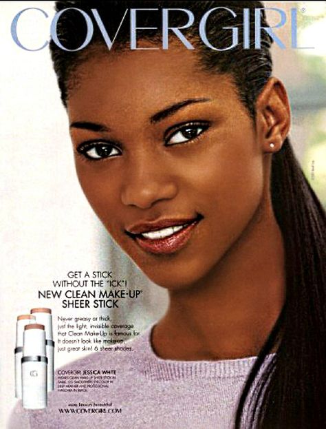 JESSICA WHITE | COVERGIRL COSMETICS ADVERTISEMENT Vintage Makeup Ads, Magazine Design Cover, Jessica White, Beauty Advertising, Makeup Ads, Black Magazine, Models 90s, Tell Me Why, Beauty Ad