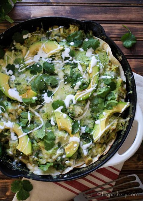 Roasted Poblano Chicken Enchiladas Skillet | The Noshery Enchiladas Skillet, Poblano Chicken Enchiladas, Desserts Mexican, Enchiladas Burritos, Poblano Chicken, Chicken Enchilada Skillet, Mexican Desserts, Poblano Pepper, Roasted Poblano