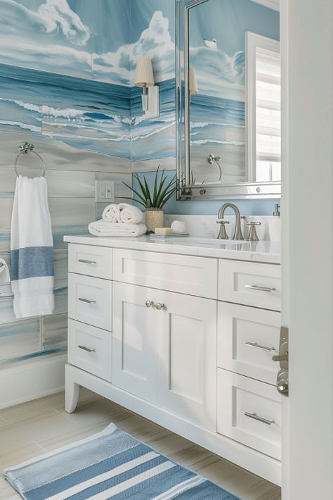 38  Coastal Bathroom Ideas to Create Your Own Seaside Retreat Coastal Living Bathroom, Florida Rooms, Stone Shower Floor, Coastal Bathroom Ideas, Sea Bathroom, White Vessel Sink, White Wainscoting, Coastal Style Decorating, Coastal Bathroom