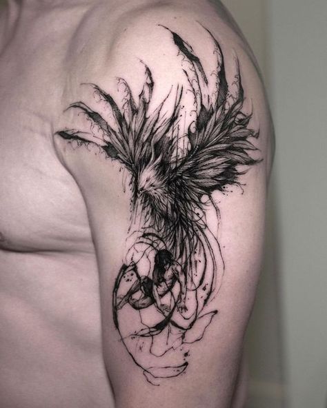 Masculine Phoenix Tattoo, Phoenix Tattoo For Men Shoulder, Phoenix Tattoo Masculine, Black Phoenix Art, Fenix Tattoo Men, Phoenix Tattoo Men Arm, Phoenix Chest Tattoo, Flying Phoenix Tattoo, Phoenix Tattoo Men