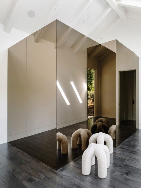 Eames Coffee Table, Beautiful Pantry, Austin House, Mirror Furniture, Walnut Shelves, Mirror Room, Terrazzo Tile, Mirror House, Austin Homes