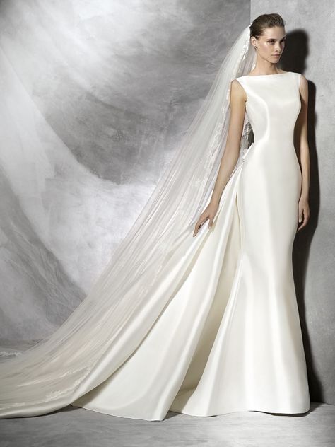 Pronovias | TRISA | Bateau Neckline Mermaid Wedding Dress - Designer Bridal Room, Malaysia Detachable Train Wedding Dress, Satin Wedding Gown, Cathedral Train, White Wedding Dress, Wedding Gowns Mermaid, Wedding Dress Train, Wedding Dresses Satin, Black Wedding Dresses, Satin Wedding