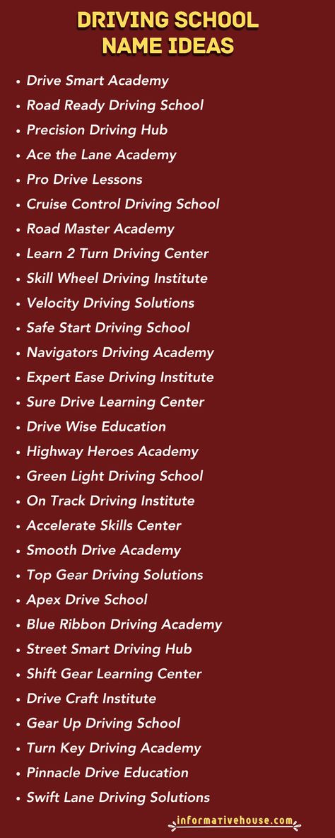 Collection of Funny Driving School Names Ideas! School Name Ideas For Story, School Name Ideas For Stories, School Names For Stories, School Names, Names For Schools In Books, Cute Names For Your Car, School Names Ideas, Car Names Ideas, Driving Humor