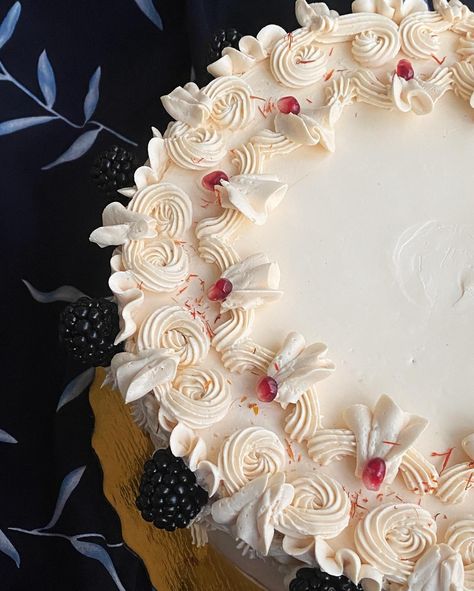 a cake for my grandma’s 85th birthday 🎀🥺🎀 pomegranate orange cardamom chiffon soaked in three milks, maple roasted walnut hazelnut praline, saffron whipped cream, caramelized honey italian meringue buttercream ✨ Italian Birthday Cake, Caramelized Honey, Italian Meringue Buttercream, Orange Cardamom, Hazelnut Praline, Italian Meringue, 85th Birthday, Roasted Walnuts, Meringue Buttercream