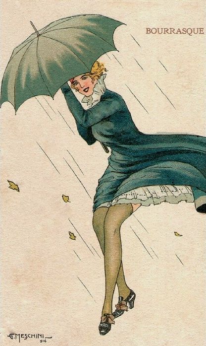 Meschini, Giovanni (b,1888)- Woman w Umbrella, Rainy Day Art Deco Drawing, Vintage Illustration Art, Rain Art, Pin Up Posters, Umbrella Art, Under My Umbrella, Singing In The Rain, Walking In The Rain, Vintage Poster Art