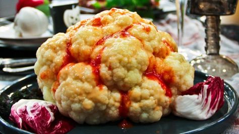 Cauliflower ‘Brains’ | Steven and Chris | This simple recipe will make your guests cringe...in a good way! Halloween Cauliflower, Cauliflower Brain, Hannibal Food, Roasted Cauliflower Head, Halloween Tricks, Sprinkle Salt, Halloween 2020, Roasted Cauliflower, Simple Recipe