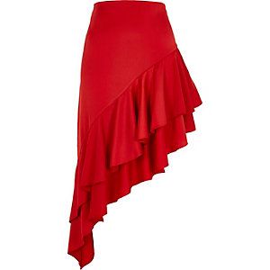 Red asymmetric frill hem skirt Asymmetrical Ruffle Skirt, 1st Birthday Girl Dress, Tall Skirt, Red Midi Skirt, Mid Calf Skirt, Frill Skirt, Crop Top Designs, Calf Length Skirts, High Rise Skirt