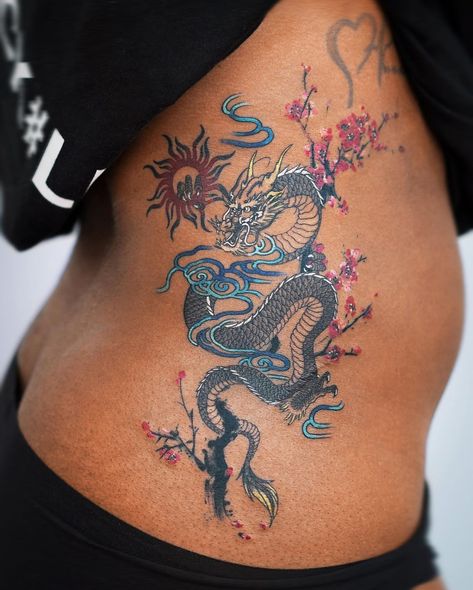 𝗦𝗧𝗨𝗗𝗜𝗢𝗕𝗬𝗦𝗢𝗟_𝗘.𝗻𝗮𝗹 on Instagram: “Oriental dragon & ☀️☁️🌸 Thank you :) @studiobysol @e.nal.tattoo” Women Dragon Back Tattoo, Black People Tattoo Ideas, Dragon Tattoo On Side, Women’s Back Tattoo Dragon, Big Dragon Back Tattoo Women, Baddie Dragon Tattoo, Dragon Ribs Tattoo, Tattoo Name Ideas, Side Body Tattoo