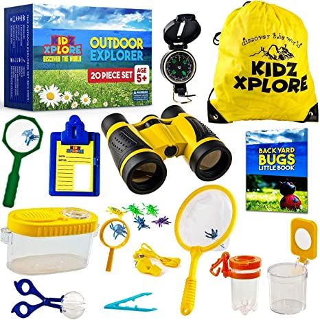 Amazon.com: Kidz Xplore Outdoor Explorer Set - Bug Catching Kit Nature Exploration Children Outdoor Games Mini Binoculars Kids, Compass, Whistle, Magnifying Glass, Adventure, Hunting, Hiking Educational Toy: Toys & Games Bug Catching, Camping Toys, Nature Exploration, Binoculars For Kids, Non Toy Gifts, Hiking With Kids, Kids Adventure, Adventure Activities, Stem Toys