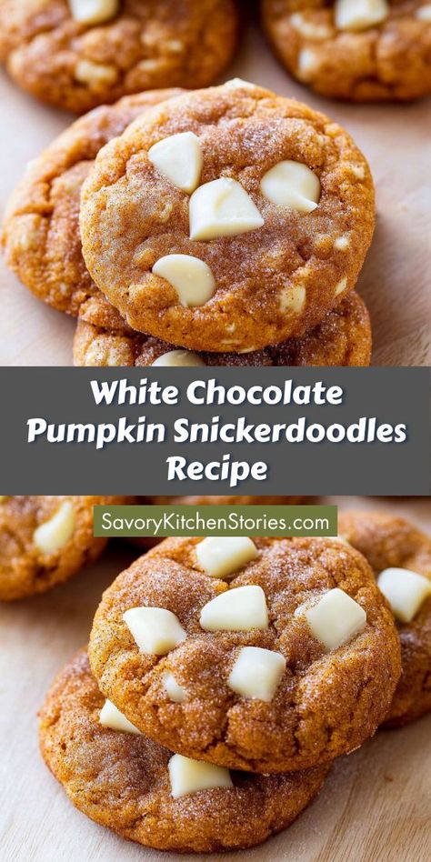 Treat yourself to a delicious twist on traditional chocolate chip cookies with White Chocolate Pumpkin Snickerdoodles! These soft, chewy cookies are infused with pumpkin and coated in cinnamon sugar, providing a delightful flavor experience. Perfect for your fall baking lineup, these cookies will leave everyone craving more! Traditional Snickerdoodle Cookies, White Chocolate Pumpkin Snickerdoodles, Crunchy Pumpkin Cookies, Pumpkin White Chocolate Cookies, White Chocolate Pumpkin Cookies, Pumpkin White Chocolate Chip Cookies, Pumpkin White Chocolate, Pumpkin Snickerdoodle Cookies, Chocolate Snickerdoodles