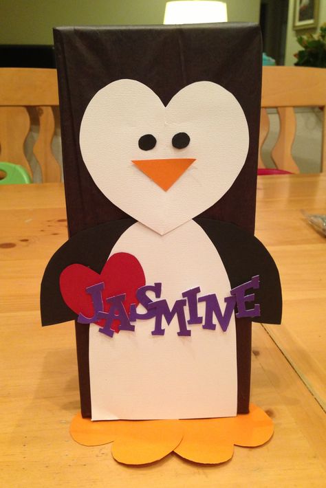 Penguin valentine box for class party! Penguin Valentine Box Ideas, Penguin Valentines Day Boxes, Penguin Valentine Craft, Tissue Box Valentine Boxes Kids Crafts, Diy Owl Valentine Boxes, Owl Valentines Boxes, Roses Valentine, Girls Valentines Boxes, Valentine Boxes For School