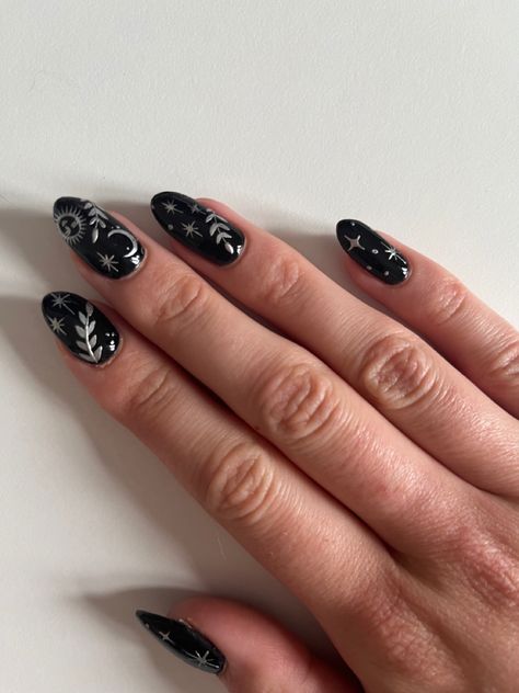 Black Gel Polish Designs, Gel Nails Alternative, Luna Moth Nail Art, Goth Engagement Nails, Black Base Nails, Black Biab Nail Designs, Dark Bridal Nails, Black Fun Nails, Dark Celestial Nails