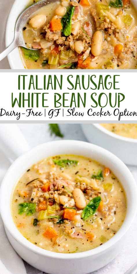 Celiac Dinner Recipes, No Dairy Crockpot Recipes, Fall Dinner Recipes Dairy Free, Bland Food Diet, Italian Sausage White Bean Soup, Dairy Free Italian, Sausage White Bean Soup, Italian White Bean Soup, High Protein Soup