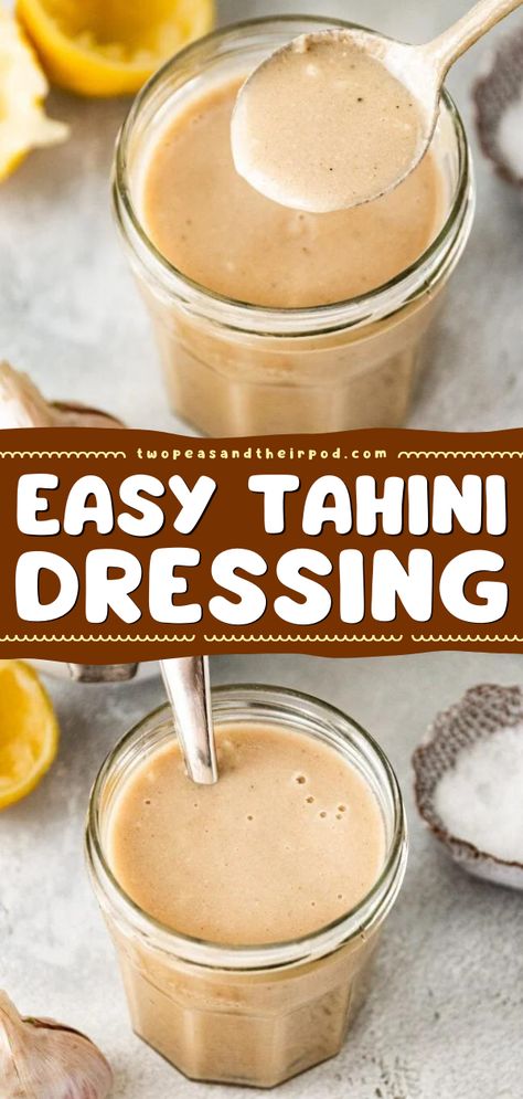 Tahini Dressing- you only need a few ingredients and 5 minutes to make this creamy and delicious tahini dressing! Drizzle it over your favorite salad, roasted vegetables, or enjoy as a dip! The dressing is healthy, creamy, nutty, and fresh! It’s super easy to make and very versatile. Salads Bowls, Tahini Salad Dressing, Tahini Dressing Recipe, Veggies Recipes, Vegan Salad Dressing, Lemon Tahini Dressing, Buddha Bowls, Condiment Recipes, Falafels