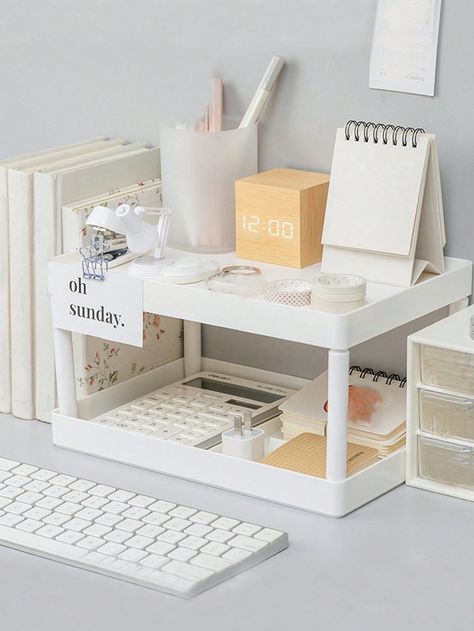 White  Collar  PP   Embellished   Desk Accessories Desktop Shelf, Study Desk Decor, Study Room Decor, White Shelves, Stationery Storage, Desk Shelves, Desktop Storage, Room Makeover Inspiration, Desk Set