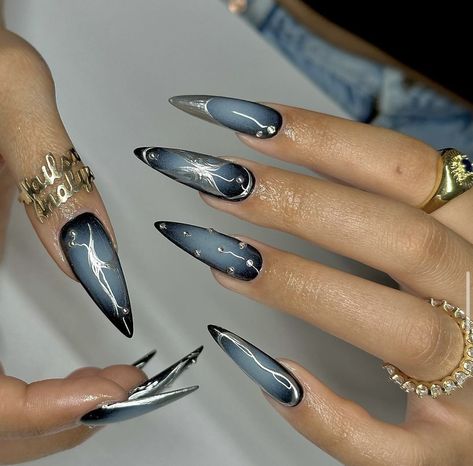 Blue With Silver Nails, Halo Nails, Cosmic Nails, Blue And Silver Nails, Glass Nails Art, Aura Nails, Goth Nails, Nails Only, Instagram Nails