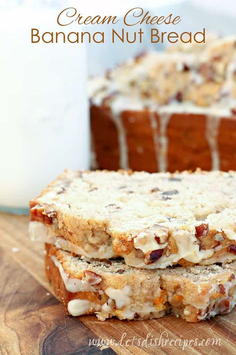 Cream Cheese Banana Nut Bread Taste Of Home Banana Bread Recipe, Banana Bread Recipe With Cream Cheese, Banana Nut Bread Muffins, Banana Bread With Cream Cheese, Cream Cheese Banana Bread, Banana Snack Cake, Recipe Banana Bread, Muffins Coffee Cake, Pecan Desserts Recipes