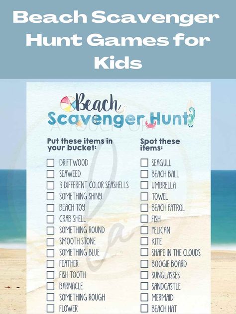 27 Beach Scavenger Hunt Games to Play This Summer - Fun Party Pop Beach Photo Scavenger Hunt, Beach Scavenger Hunt Printable, Beach Scavenger Hunt For Adults, Beach Games Family, Beach Scavenger Hunt For Kids, Games To Play At The Beach, Beach Games For Teens, Beach Treasure Hunt, Summer Scavenger Hunt