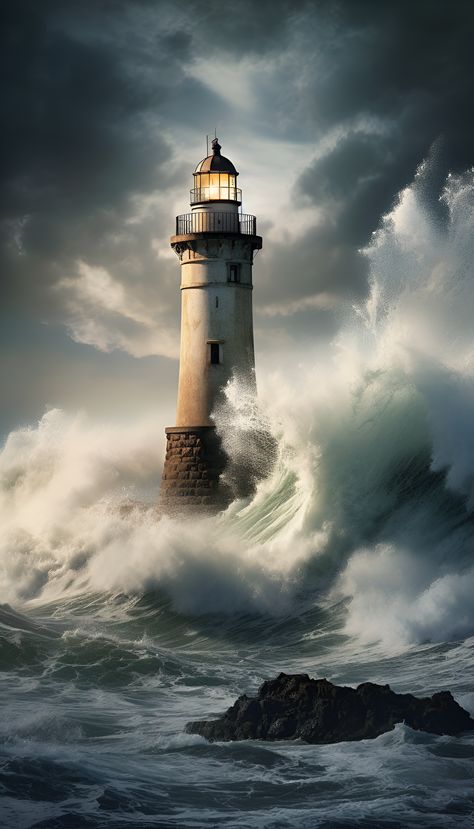 A mesmerizing view of a stormy ocean, with crashing waves and dark clouds, showcasing the untamed beauty of nature's fury. Lighthouse Drawing, Dove Pictures, Lighthouses Photography, Clever Tattoos, Lighthouse Photos, Lighthouse Painting, Lighthouse Pictures, Lighthouse Art, Stormy Sea