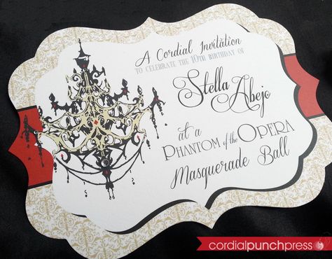 Phantom of the Opera Birthday Invitation. Custom chandelier illustration with rhinestone embellishments and custom paper shape. By Cordial Punch Press. Phantom Of The Opera Wedding Invitations, Phantom Of The Opera Invitations, Dracula Wedding, Chandelier Illustration, Debut Inspiration, Opera Wedding, Castlevania Dracula, Vampire Party, Illustration Invitation