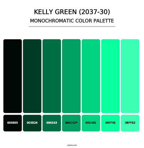 Benjamin Moore Kelly Green (2037-30) Paint coordinating colors and palettes Maximalist Classroom, Kelly Green Color Palette, Green Wall Color, Analogous Color Scheme, Split Complementary Colors, Rgb Color Wheel, Green Color Palette, Monochromatic Color Palette, Green Kitchen Cabinets