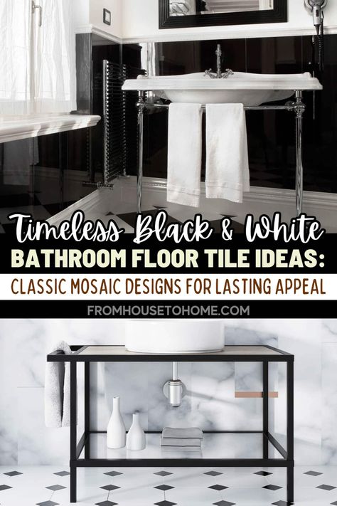 Timeless Black and White Bathroom Floor Tile Ideas | Beautiful Rooms Black And White Tile For Bathroom, Black And White Bathroom Floors, White Bathroom Floor Tile Ideas, White Bathroom Floor Tile, Black And White Floor Tile, White Bathroom Floor, Black And White Bathroom Floor, Bathroom Floor Tile Ideas, Bathroom Moodboard